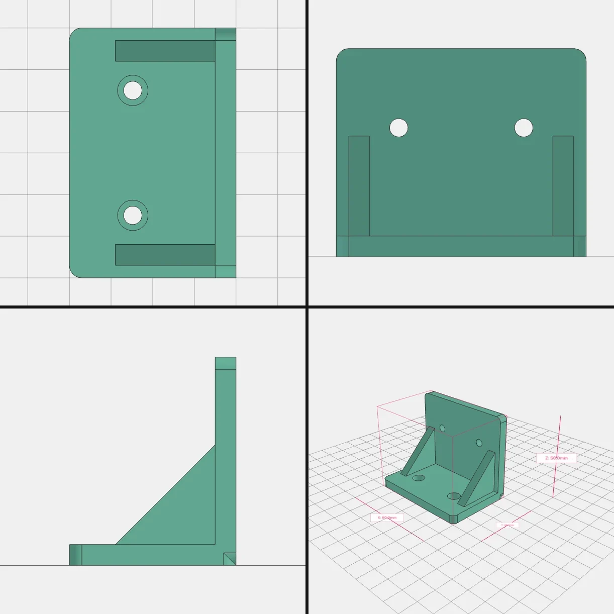 The bracket rendered from top, front, right and isometric views
